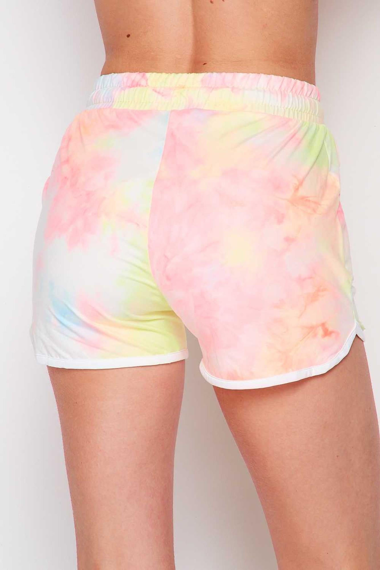 Buttery Smooth Pink and Yellow Tie Dye Drawstring Waist Dolphin Shorts with Pockets