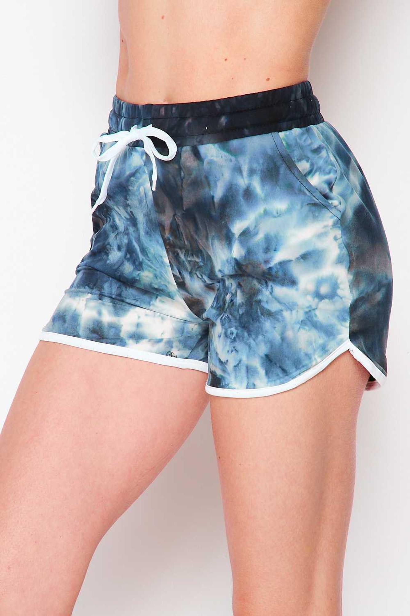 Buttery Smooth Navy Tie Dye Drawstring Waist Dolphin Shorts with Pockets