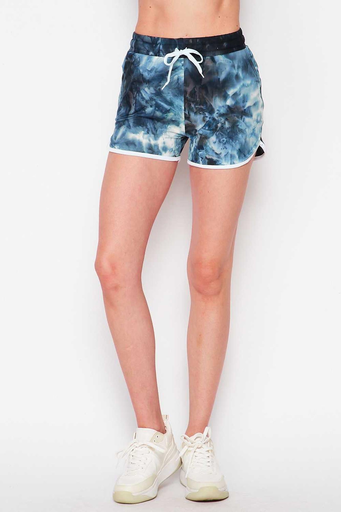 Buttery Smooth Navy Tie Dye Drawstring Waist Dolphin Shorts with Pockets