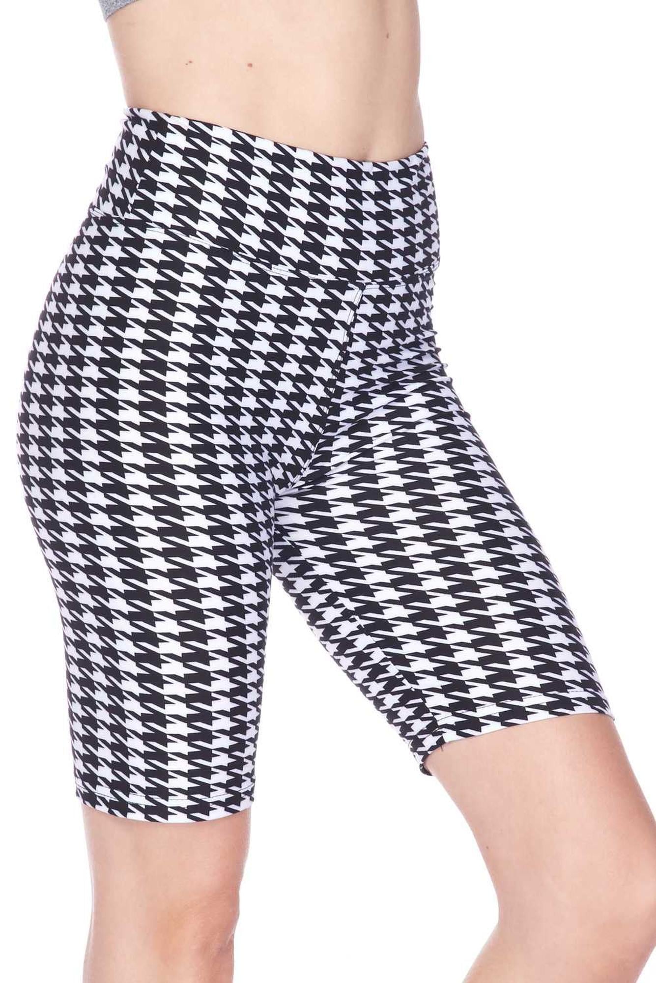 Buttery Soft Houndstooth Biker Shorts - 3 Inch Waist Band (One Size Regular,White)