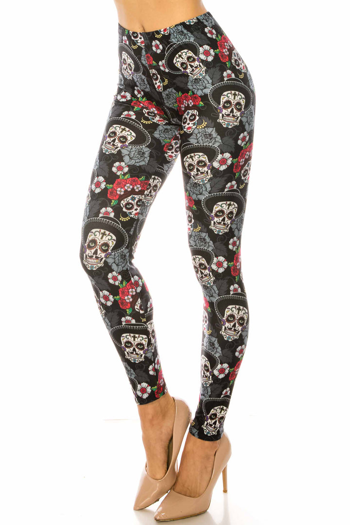 Creamy Soft Sugar Skull Floral Kids Leggings - USA Fashion