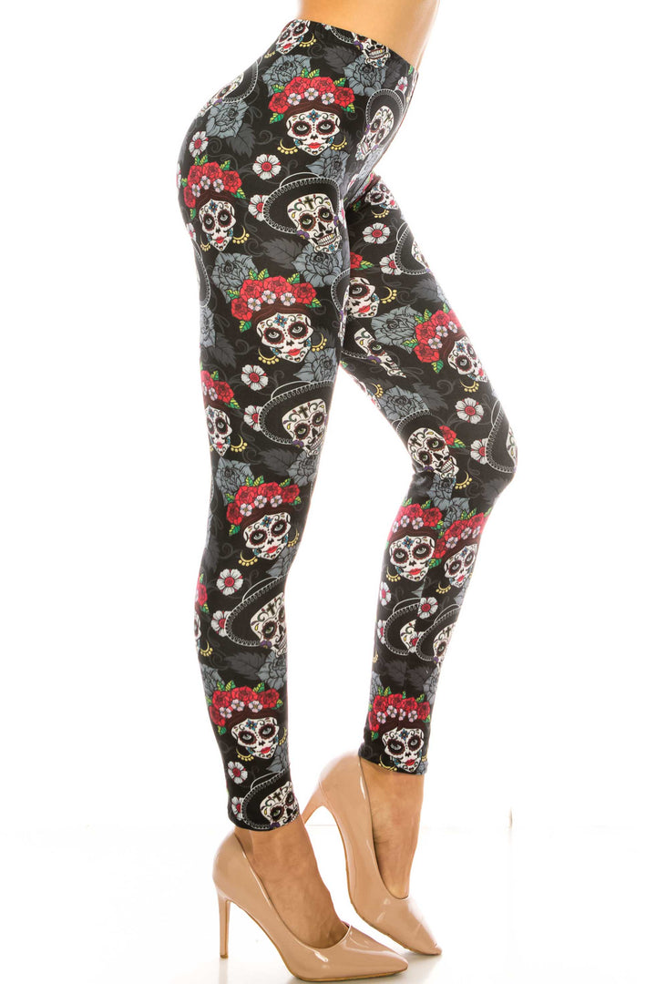 Creamy Soft Sugar Skull Floral Kids Leggings - USA Fashion