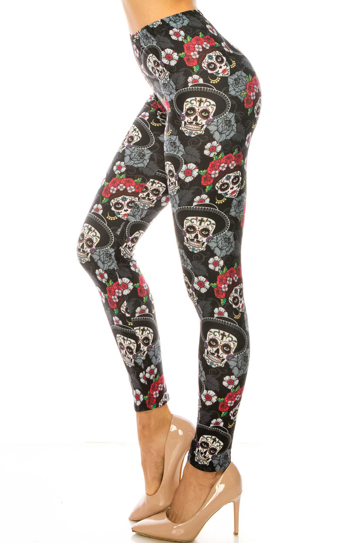 Creamy Soft Sugar Skull Floral Kids Leggings - USA Fashion