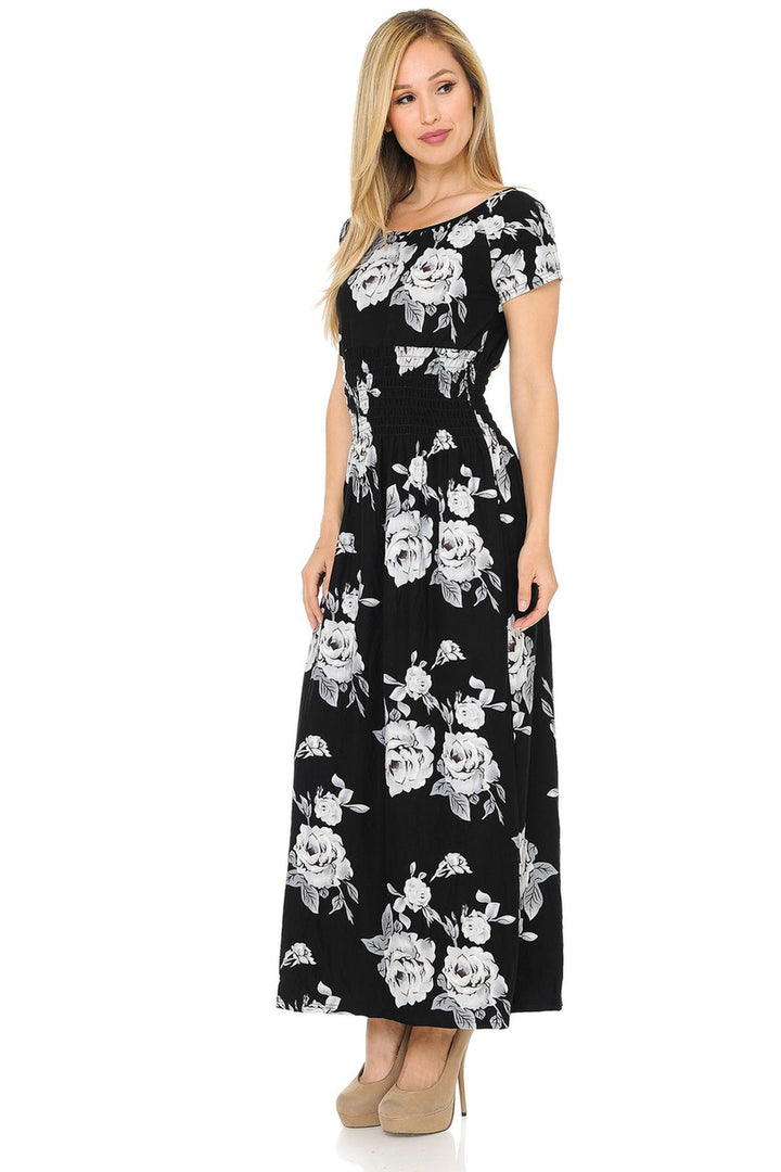 Buttery Soft Short Sleeve White Rose Maxi Dress (One Size Regular,Black)