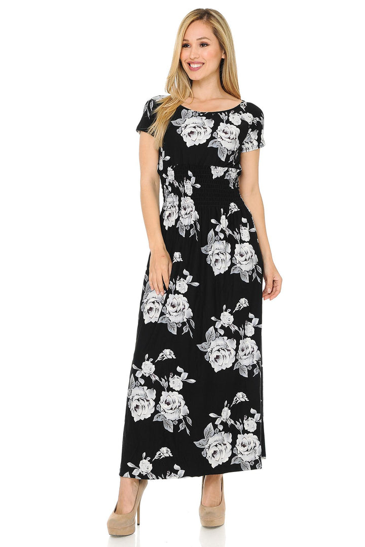 Buttery Soft Short Sleeve White Rose Maxi Dress (One Size Regular,Black)