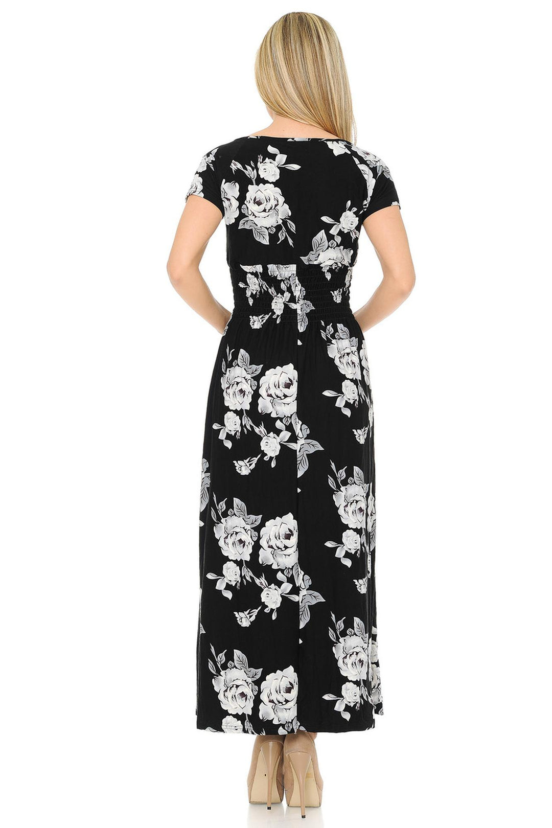 Buttery Soft Short Sleeve White Rose Maxi Dress (One Size Regular,Black)