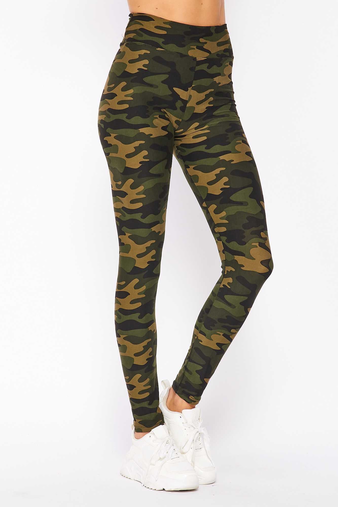 Buttery Soft Olive Green Camouflage High Waist Leggings (One Size Regular,Green)