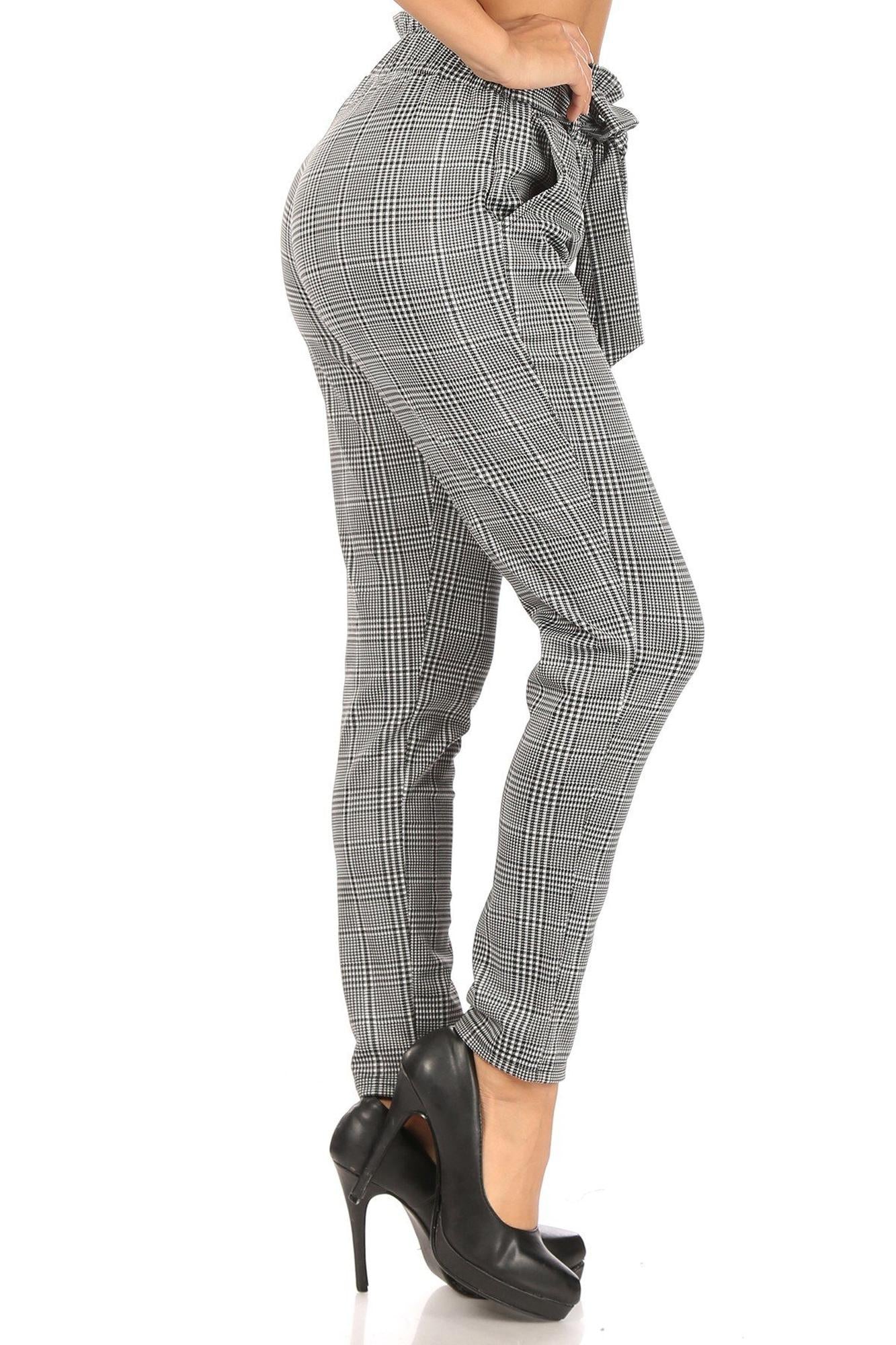 Houndstooth Plaid High Waisted Paper Bag Tie Front Pants