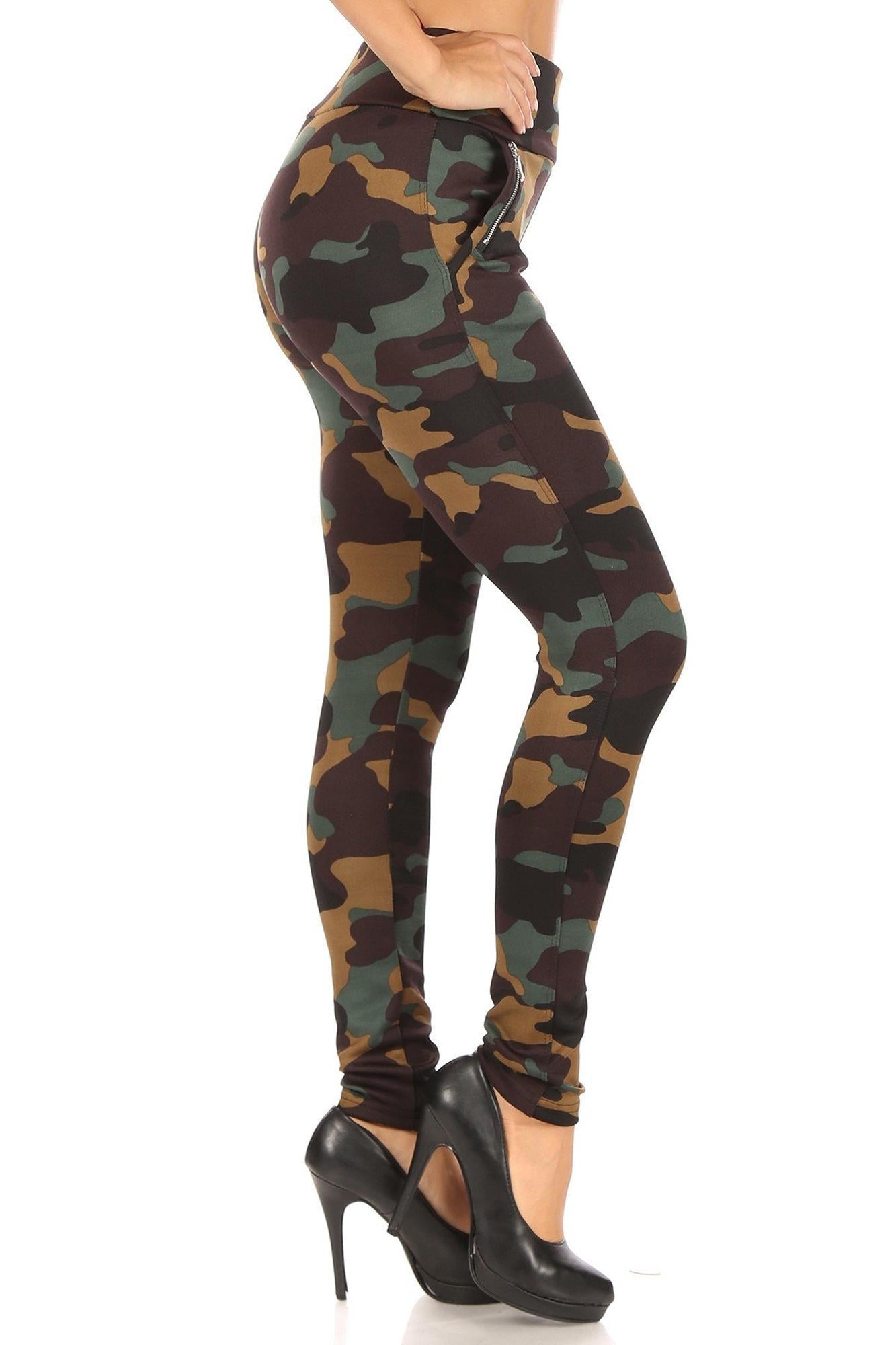 Brown Camouflage High Waisted Treggings with Zipper Accent Pockets