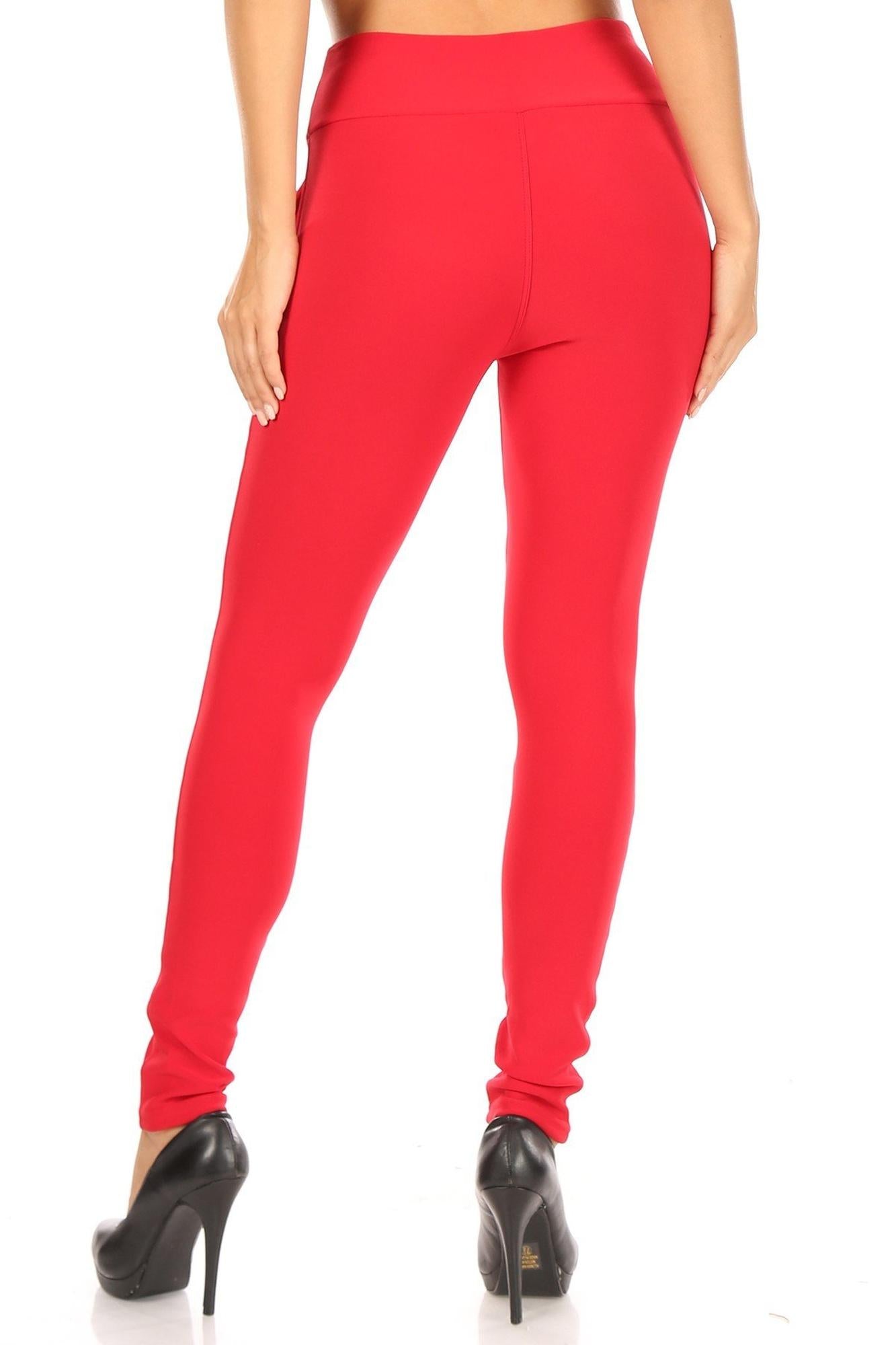 Red High Waisted Treggings with Zipper Accent Pockets