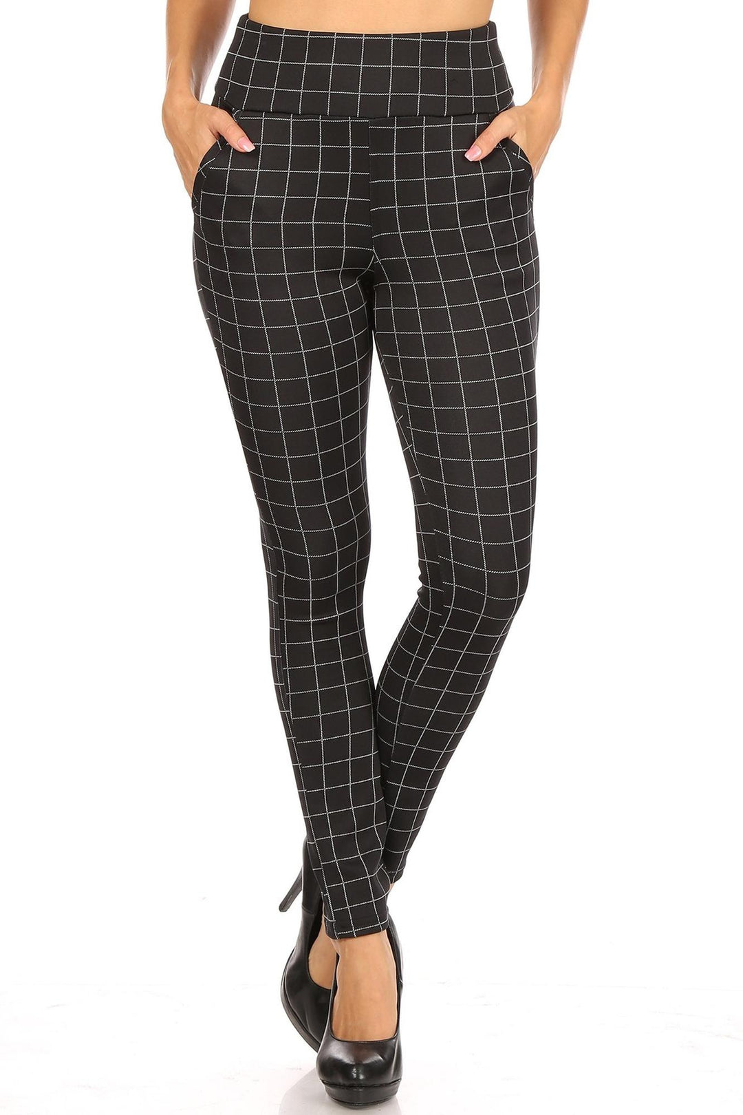 Black and White Grid Print High Waisted Body Sculpting Treggings with Pockets