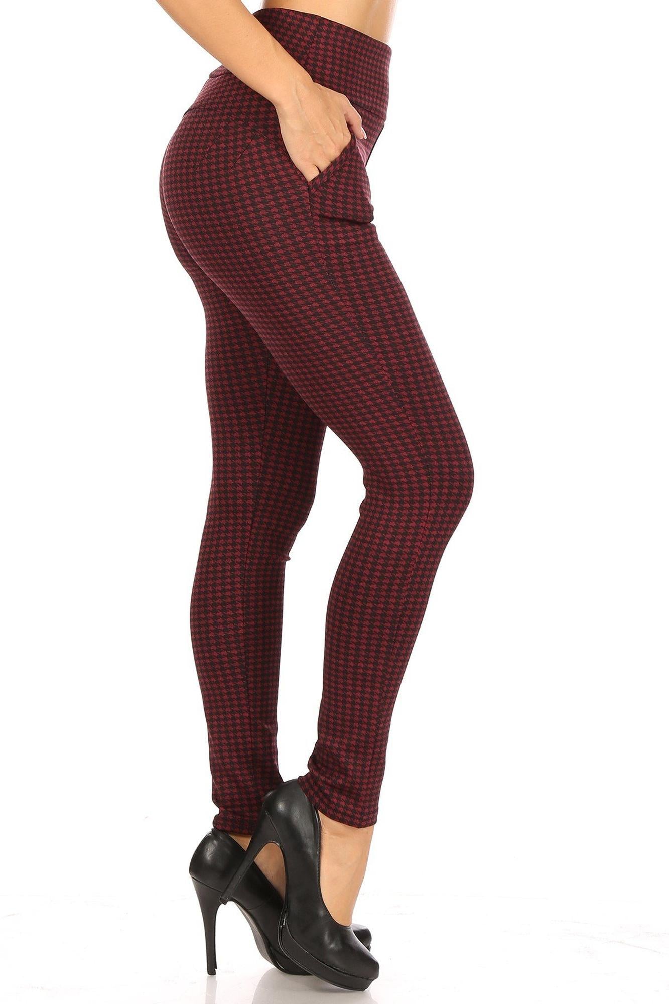 Burgundy Houndstooth High Waisted Body Sculpting Treggings with Pockets