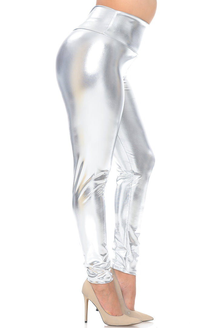 Shiny Metallic High Waisted Leggings - Plus Size - 1XL 2XL 3XL