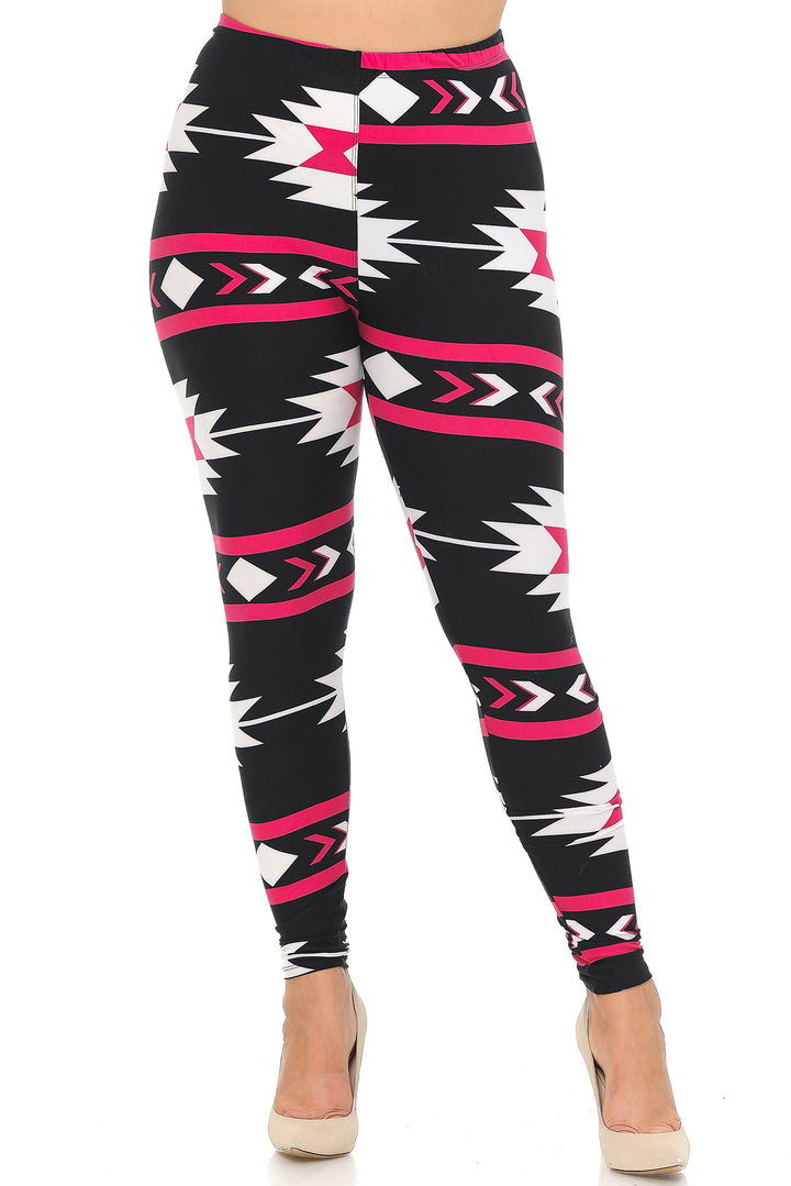 Plus Size - Buttery Soft Magenta Aztec Tribal Print Leggings