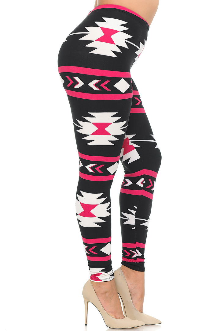 Plus Size - Buttery Soft Magenta Aztec Tribal Print Leggings