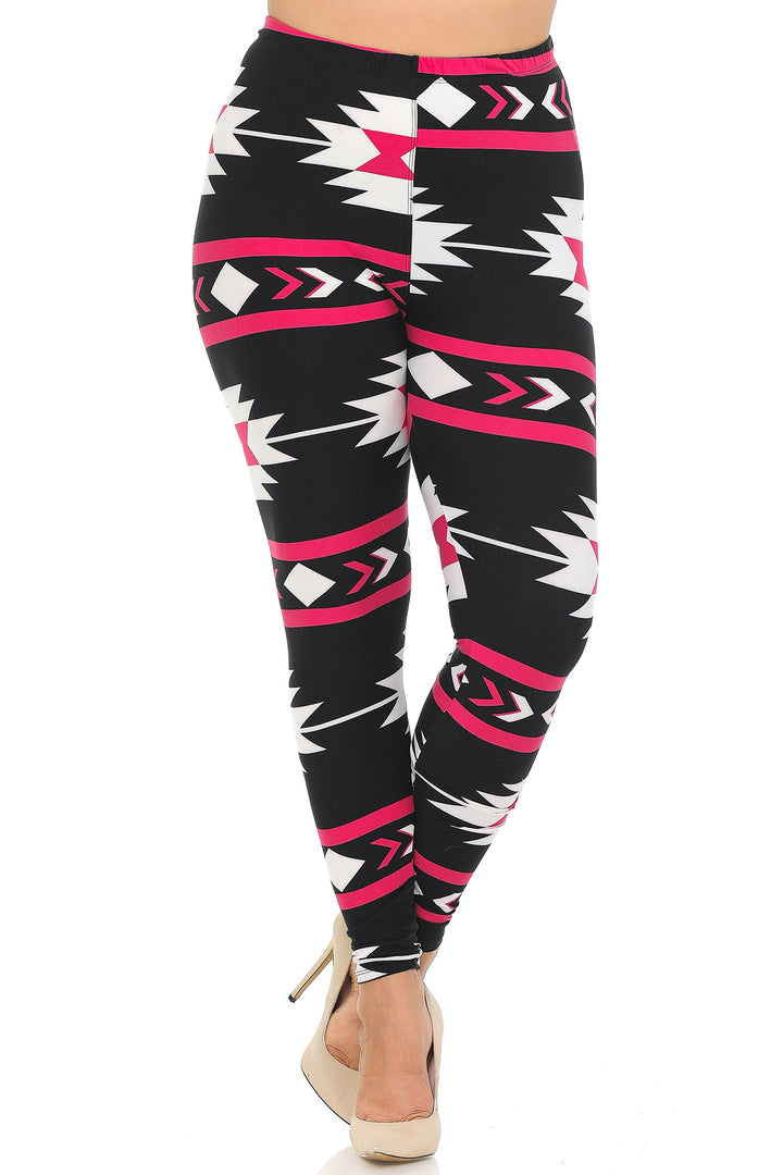 Plus Size - Buttery Soft Magenta Aztec Tribal Print Leggings