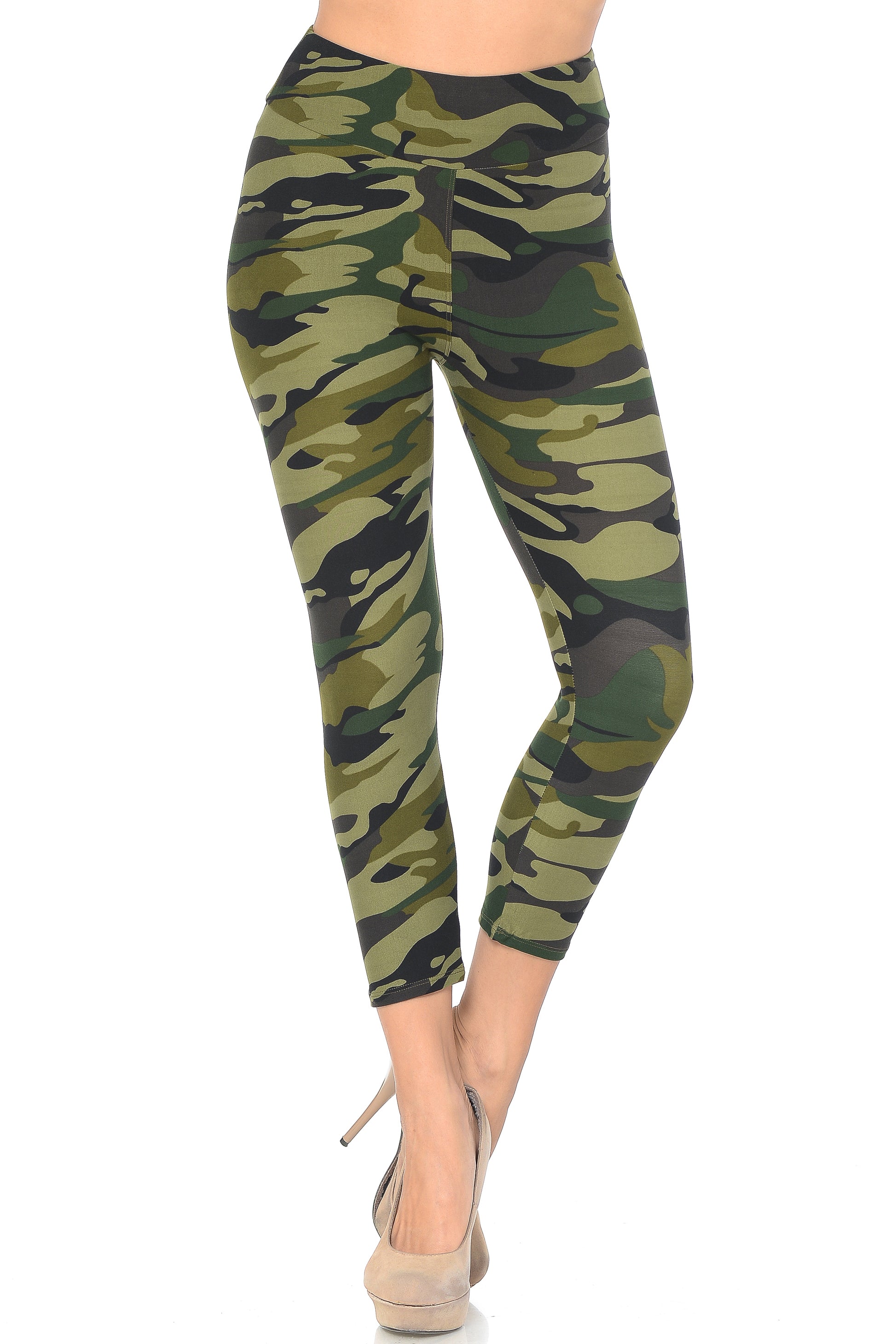 Buttery Soft Green Camouflage High Waisted Plus Size Capri - EEVEE (One Size Plus,Green)