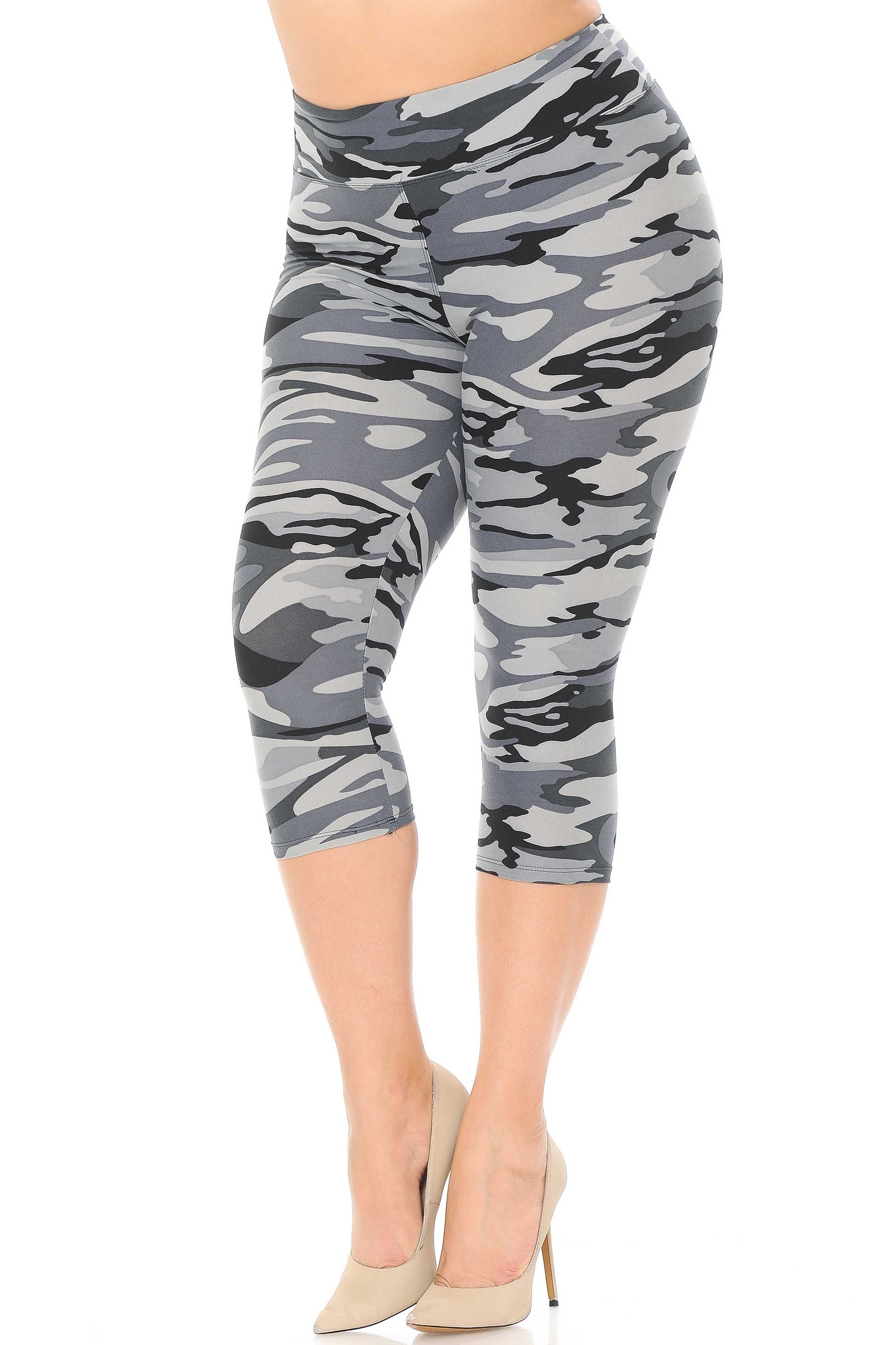 Buttery Smooth Charcoal Camouflage High Waist Plus Size  Capris - 3 Inch