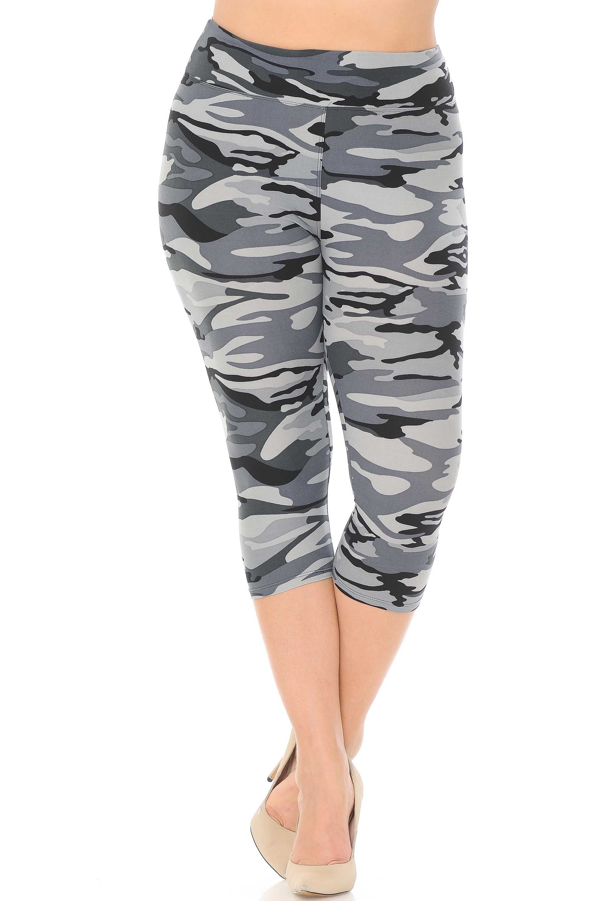 Buttery Smooth Charcoal Camouflage High Waist Plus Size  Capris - 3 Inch