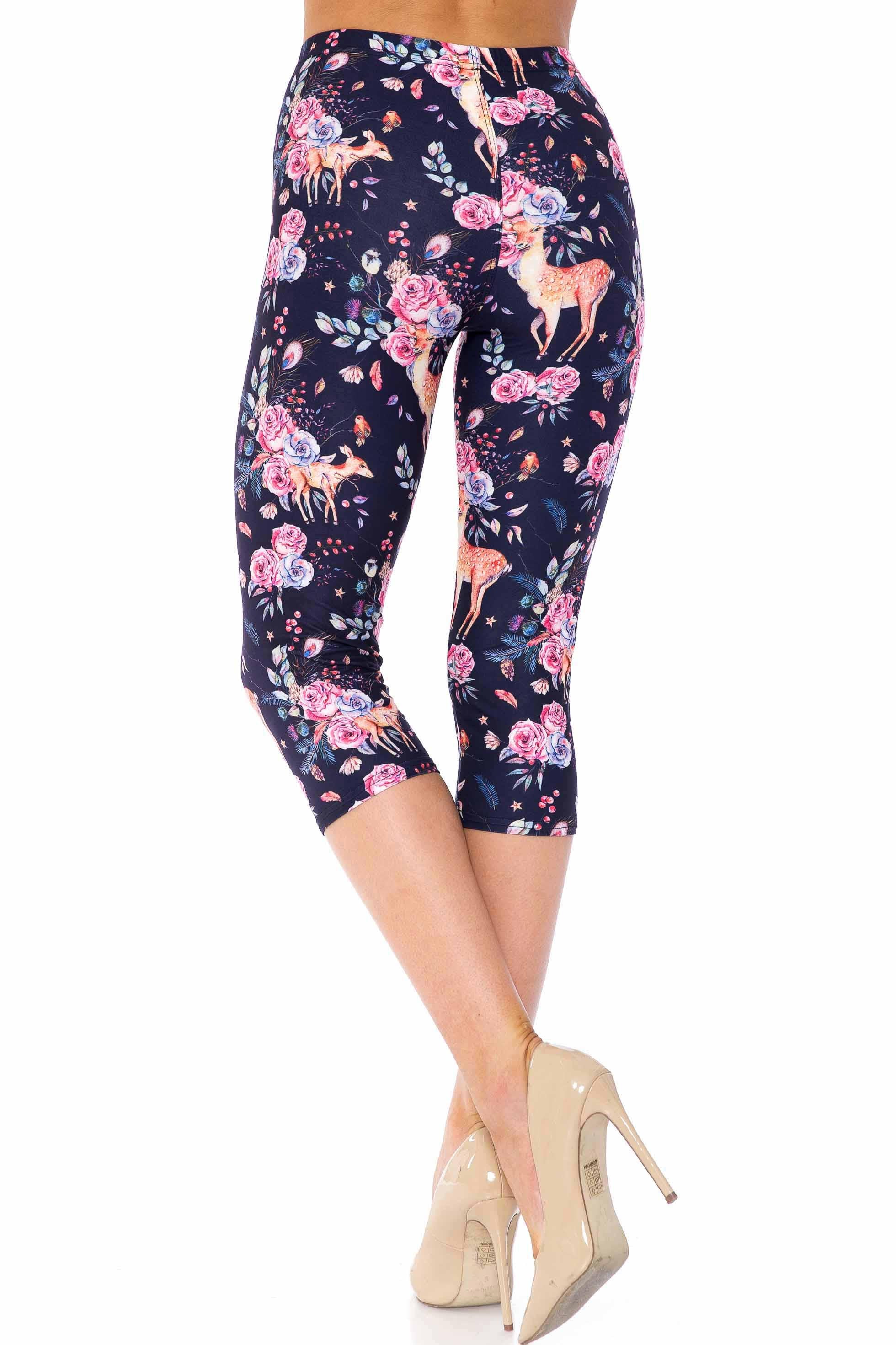 Creamy Soft Plus Size Women's Laser Print Woodland Floral Fawn Luxe Capris - 1XL - 2XL - 3XL