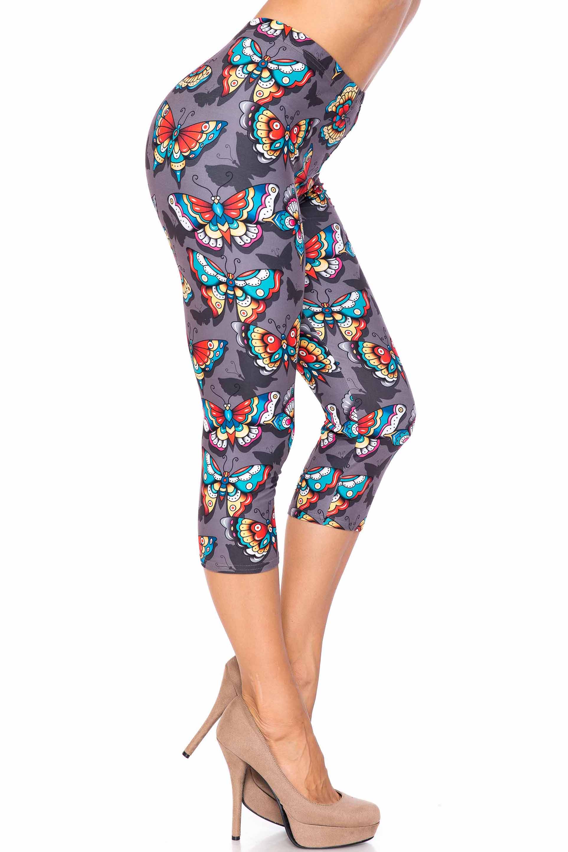 Creamy Soft Jewel Tone Butterfly Plus Size Capris - USA Fashionâ„¢ (One Size Plus,Charcoal)