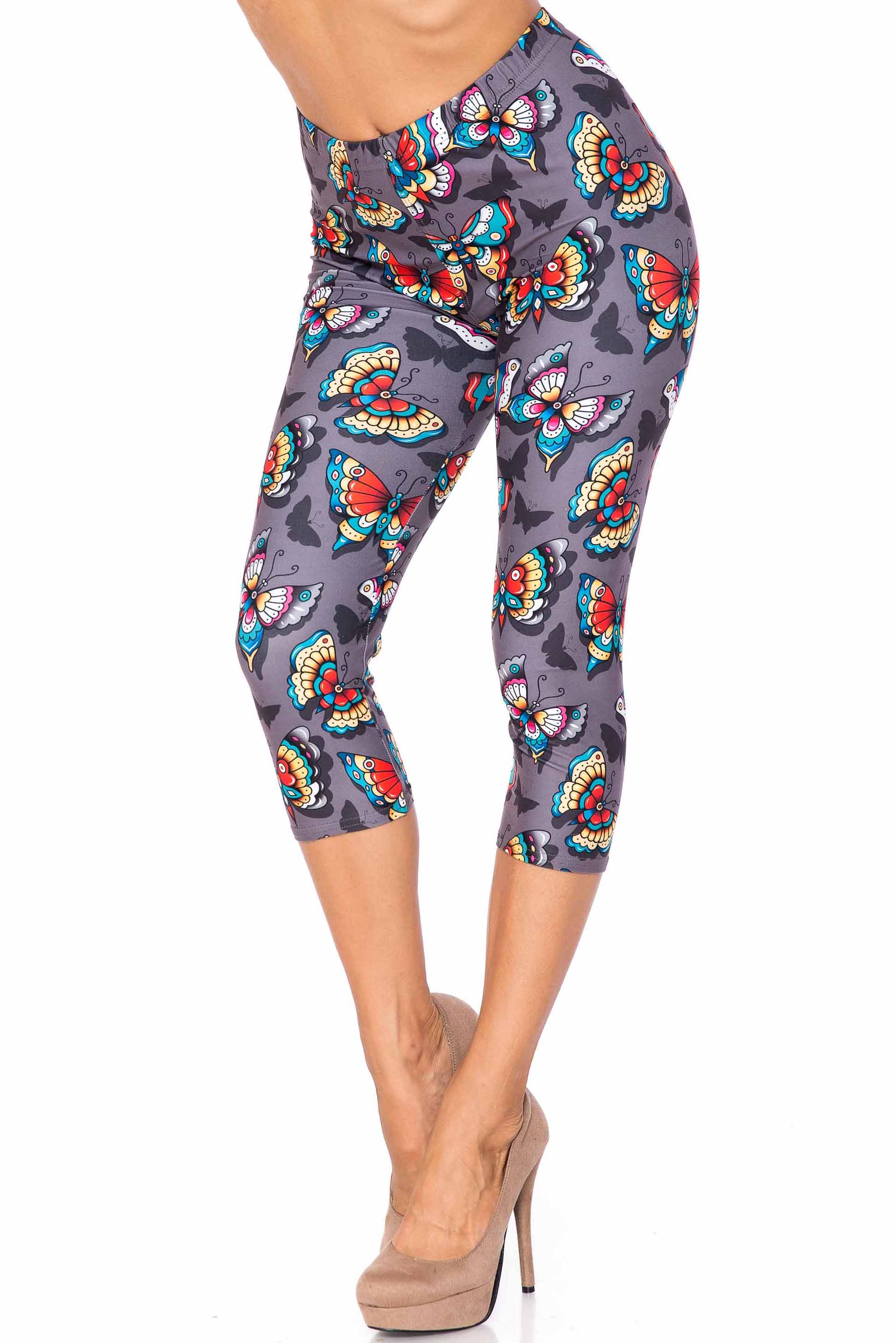 Creamy Soft Jewel Tone Butterfly Plus Size Capris - USA Fashionâ„¢ (One Size Plus,Charcoal)