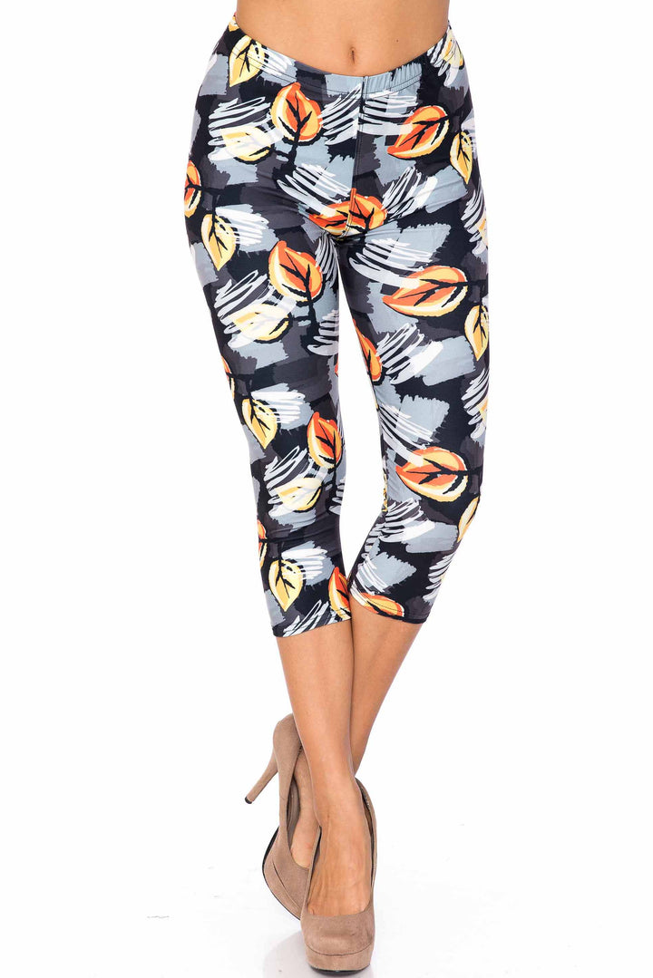 Creamy Soft Plus Size Women's Laser Print Orange Leaf Breeze Luxe Capris - 1XL - 2XL - 3XL