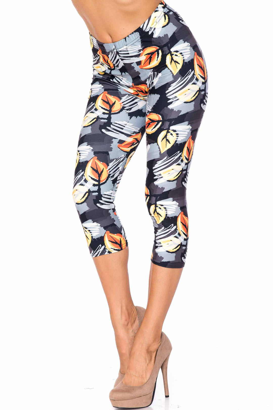 Creamy Soft Plus Size Women's Laser Print Orange Leaf Breeze Luxe Capris - 1XL - 2XL - 3XL