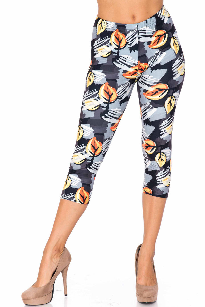 Creamy Soft Plus Size Women's Laser Print Orange Leaf Breeze Luxe Capris - 1XL - 2XL - 3XL