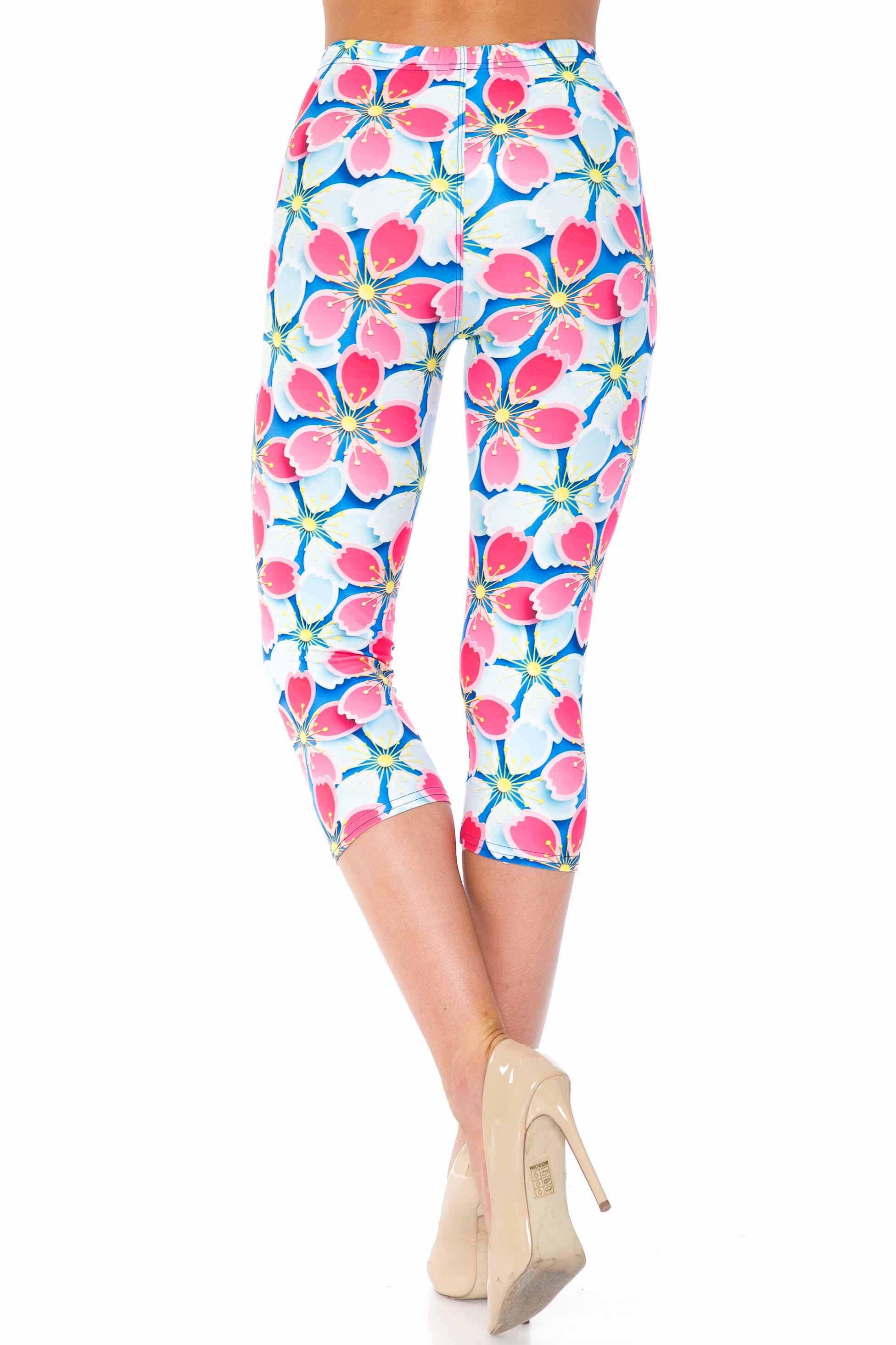 Creamy Soft Plus Size Women's Laser Print Pink and Blue Sunshine Floral Luxe Capris - 1XL - 2XL - 3XL