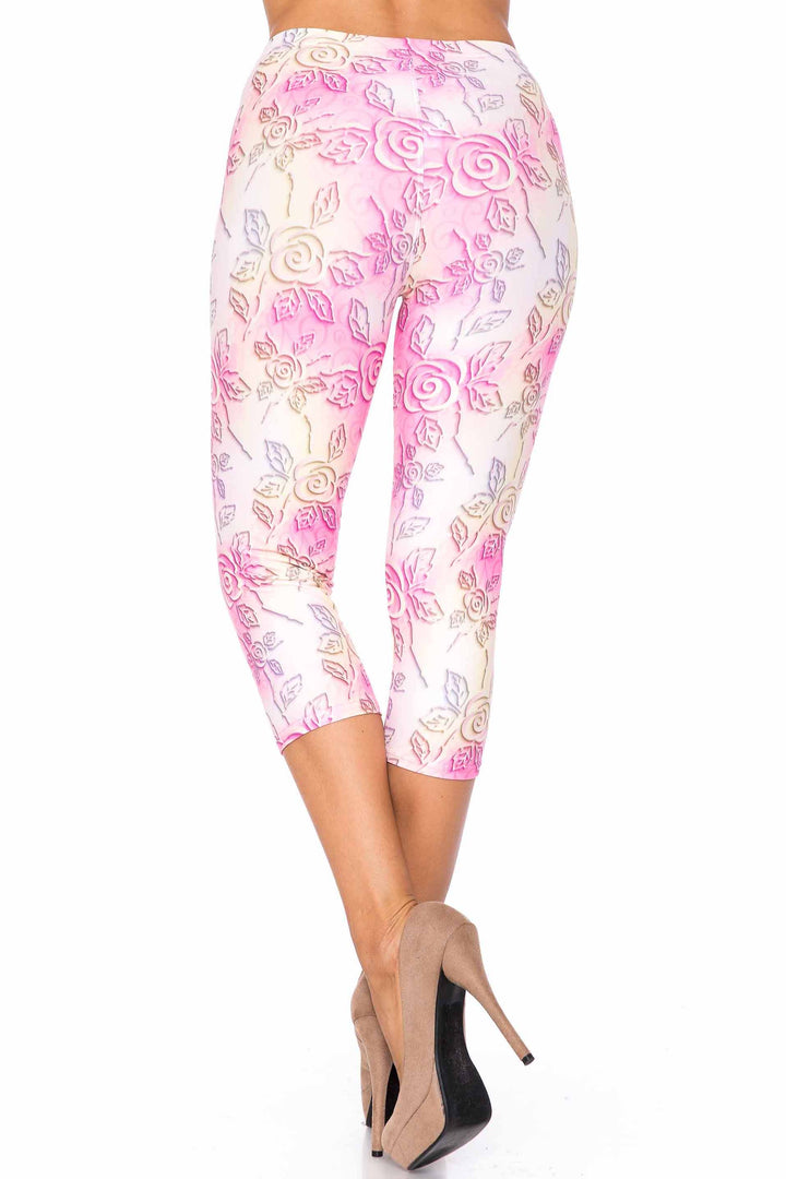 Creamy Soft Plus Size Women's Laser Print 3D Pastel Ombre Rose Luxe Capris - 1XL - 2XL - 3XL