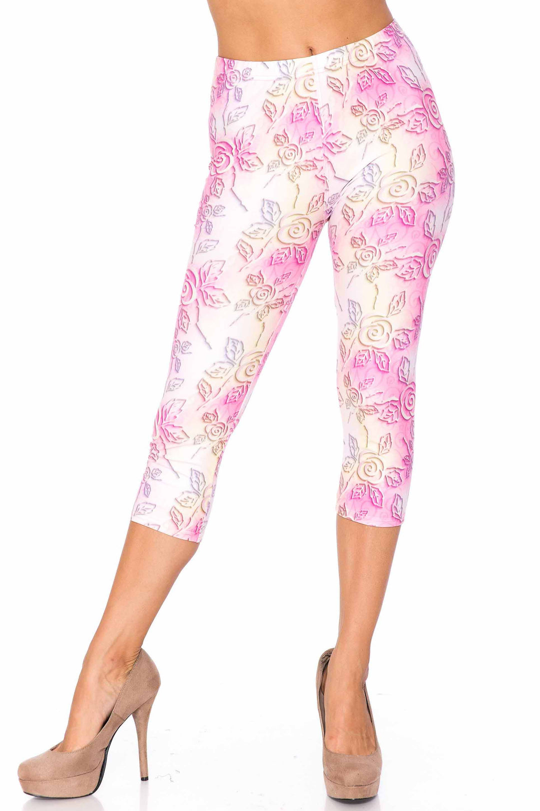 Creamy Soft Plus Size Women's Laser Print 3D Pastel Ombre Rose Luxe Capris - 1XL - 2XL - 3XL