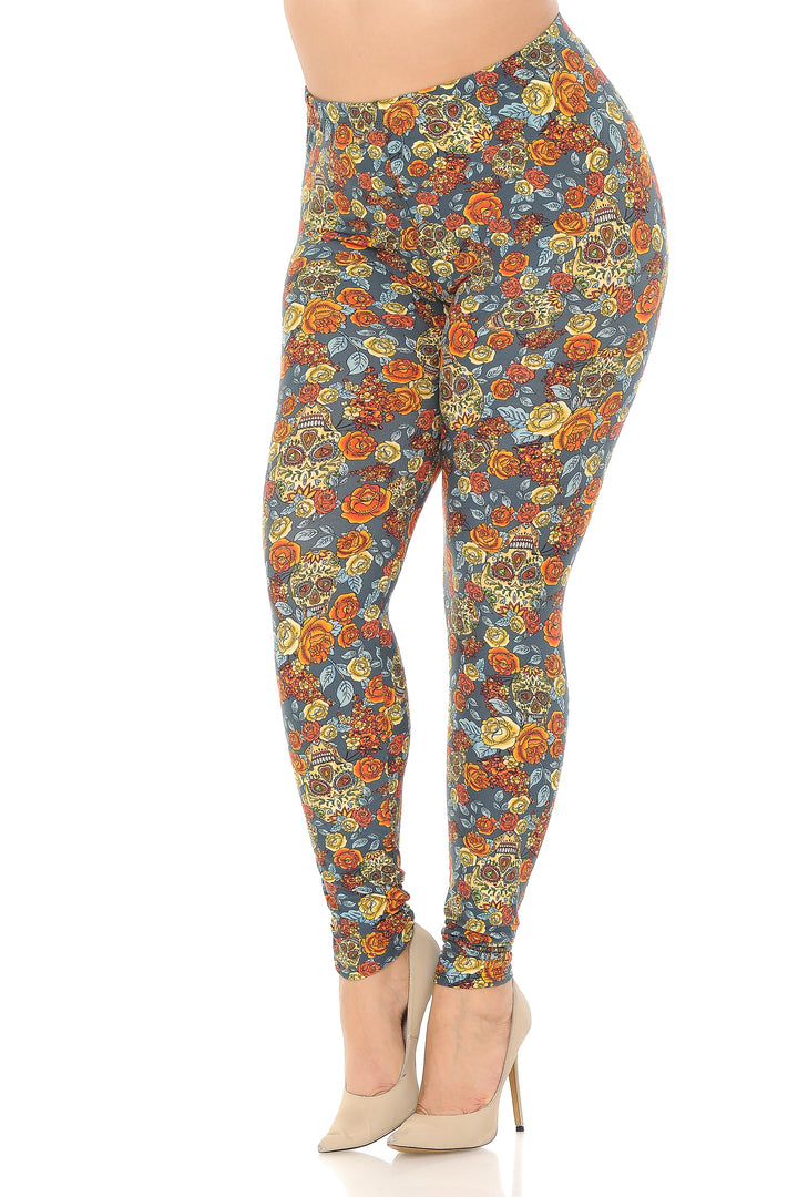 Buttery Soft Charcoal Rose and Skulls Plus Size Leggings (One Size Plus,Charcoal)