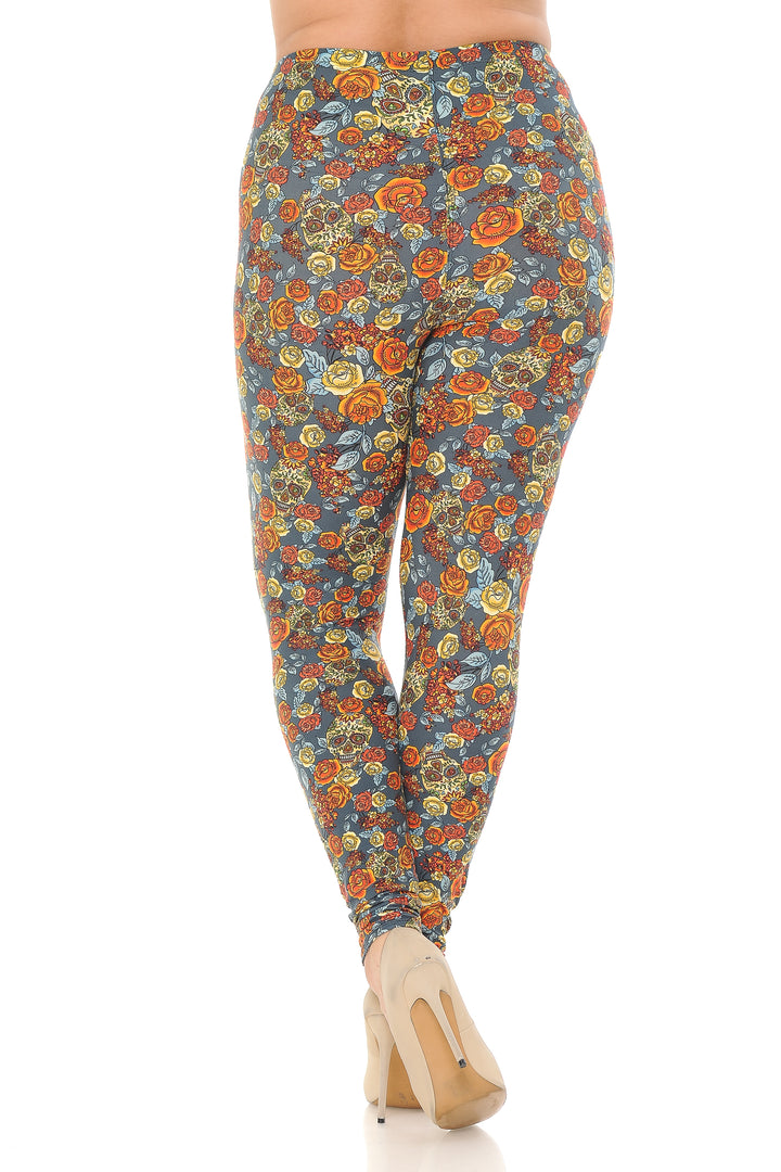 Buttery Soft Charcoal Rose and Skulls Plus Size Leggings (One Size Plus,Charcoal)