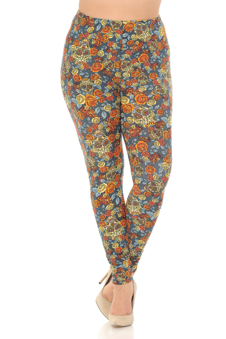 Buttery Soft Charcoal Rose and Skulls Plus Size Leggings (One Size Plus,Charcoal)