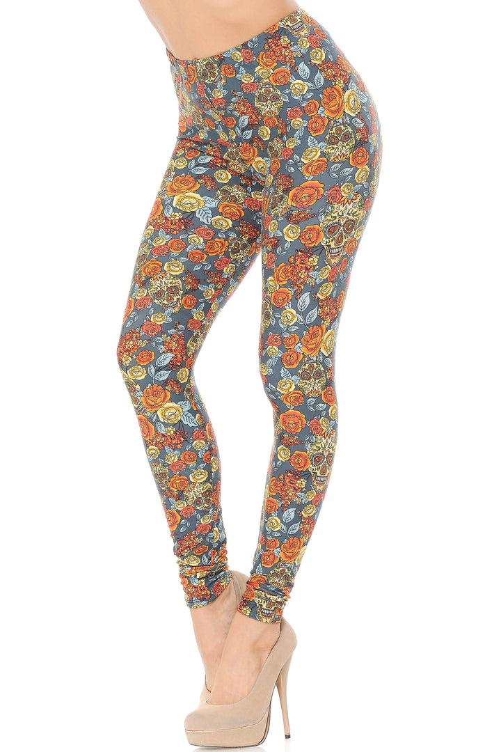 Buttery Soft Charcoal Rose and Skulls Plus Size Leggings (One Size Plus,Charcoal)