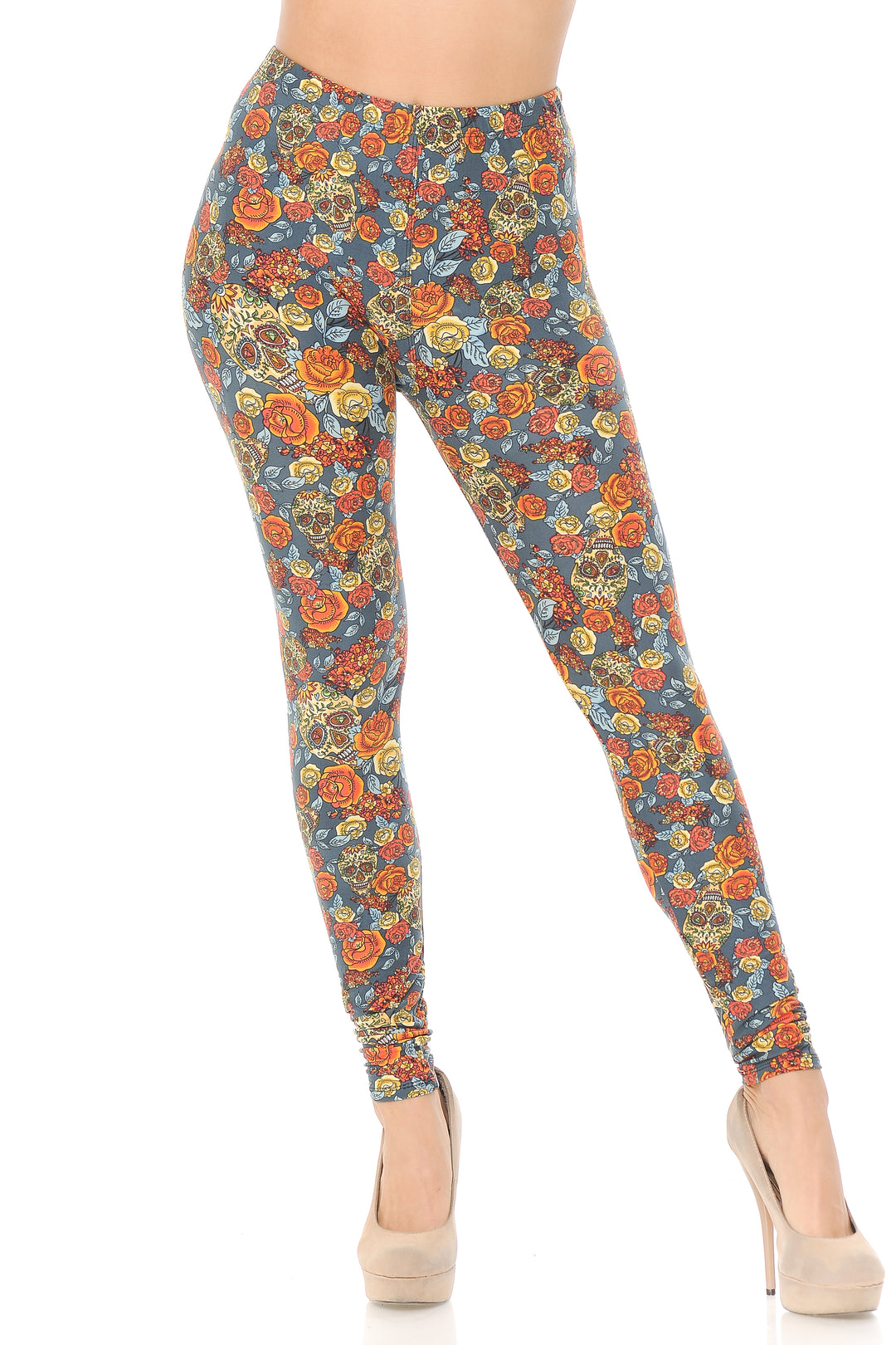 Buttery Soft Charcoal Rose and Skulls Plus Size Leggings (One Size Plus,Charcoal)