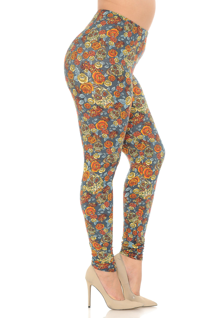 Buttery Soft Charcoal Rose and Skulls Plus Size Leggings (One Size Plus,Charcoal)