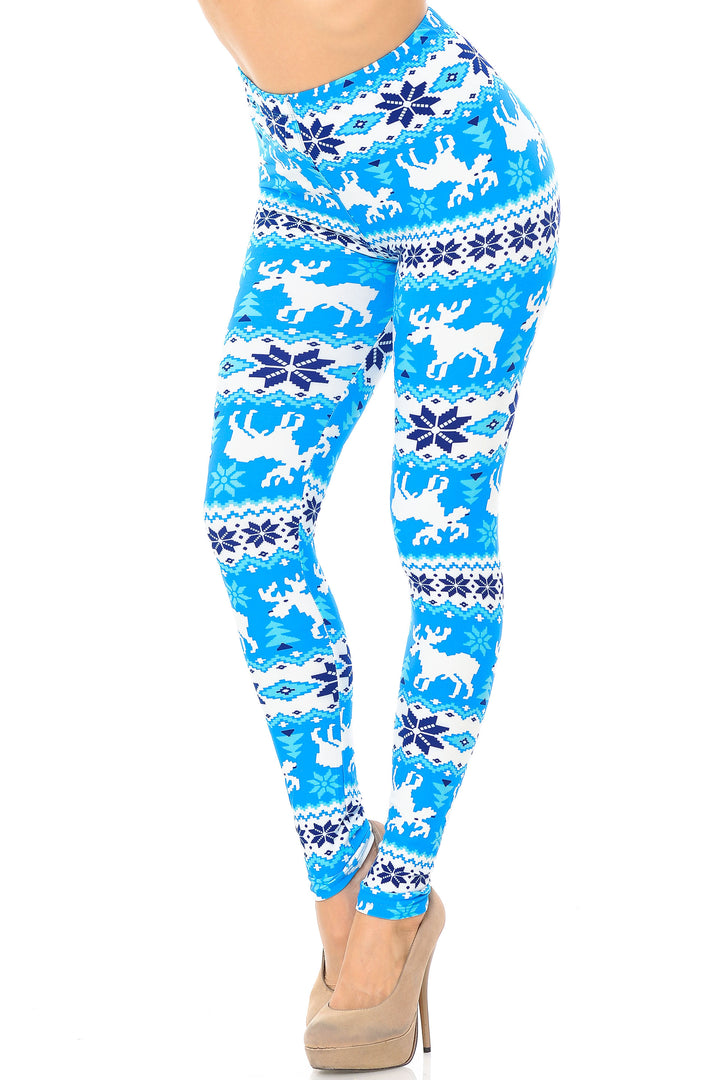 Buttery Soft Icy Blue Christmas Reindeer Plus Size Leggings (One Size Plus,Blue)