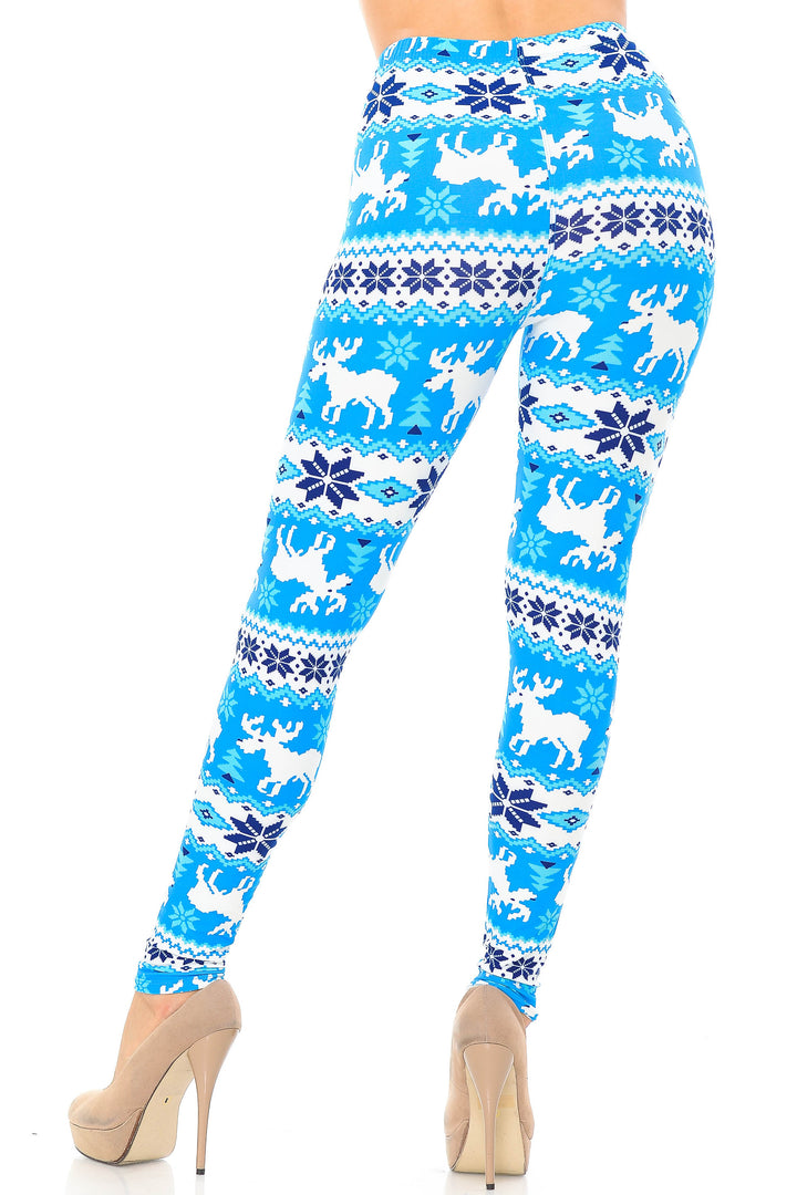 Buttery Soft Icy Blue Christmas Reindeer Plus Size Leggings (One Size Plus,Blue)