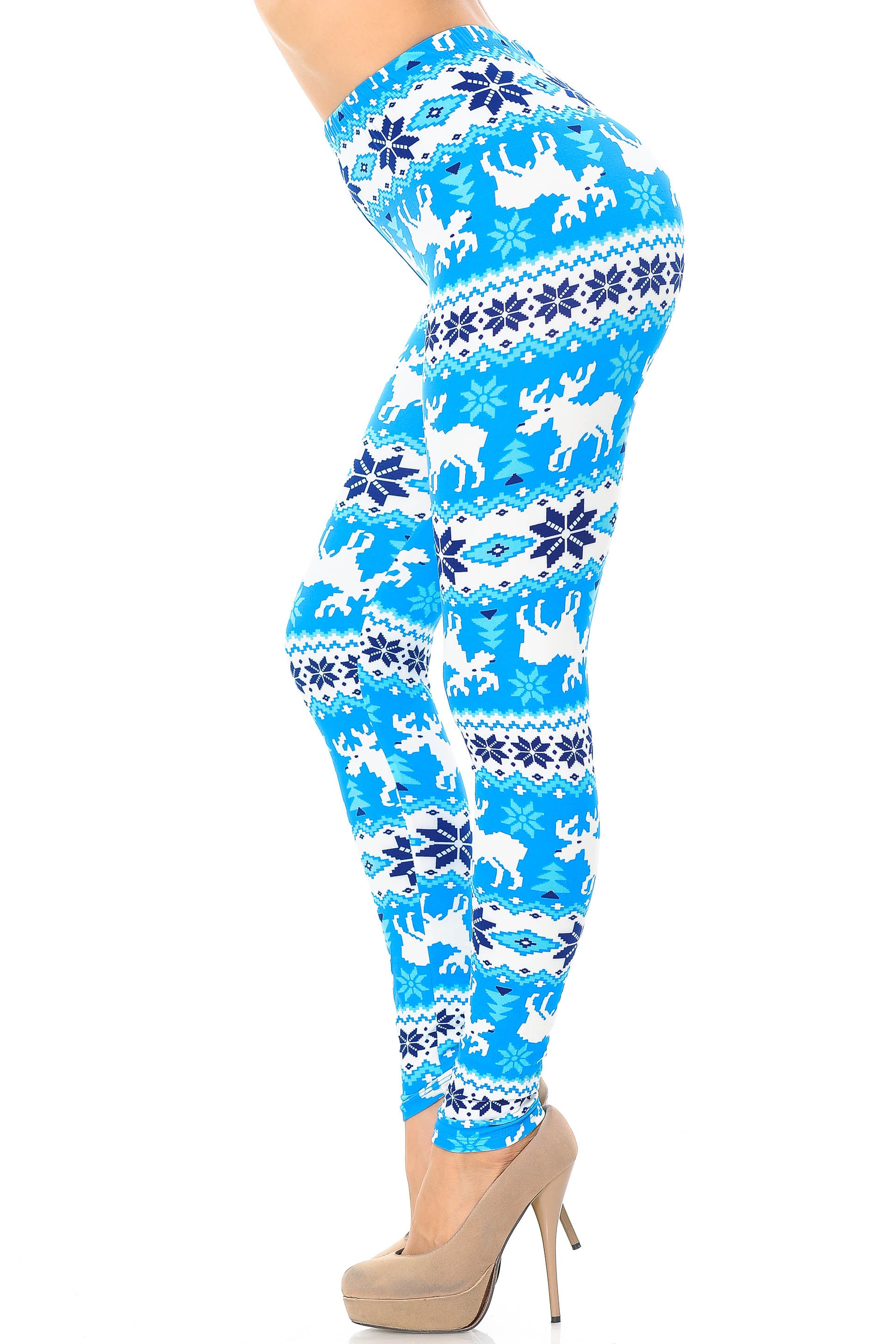 Buttery Soft Icy Blue Christmas Reindeer Plus Size Leggings (One Size Plus,Blue)