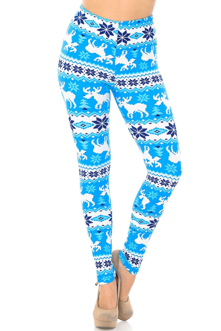 Buttery Soft Icy Blue Christmas Reindeer Plus Size Leggings (One Size Plus,Blue)