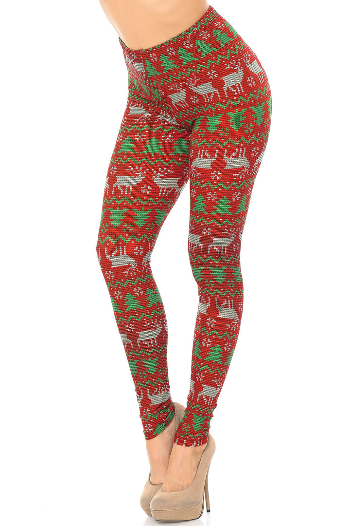 Buttery Soft Faux Knit Reindeer and Holiday Tree Plus Size Leggings (One Size Plus,Burgundy)