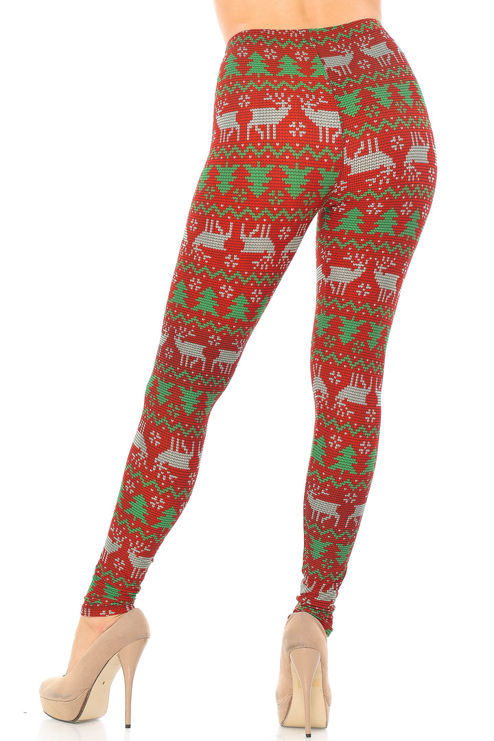 Buttery Soft Faux Knit Reindeer and Holiday Tree Plus Size Leggings (One Size Plus,Burgundy)