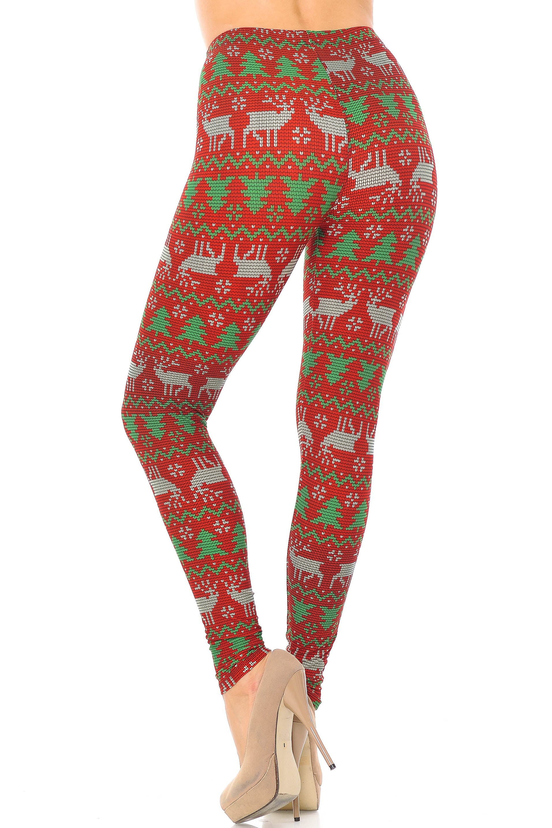 Buttery Soft Faux Knit Reindeer and Holiday Tree Plus Size Leggings (One Size Plus,Burgundy)