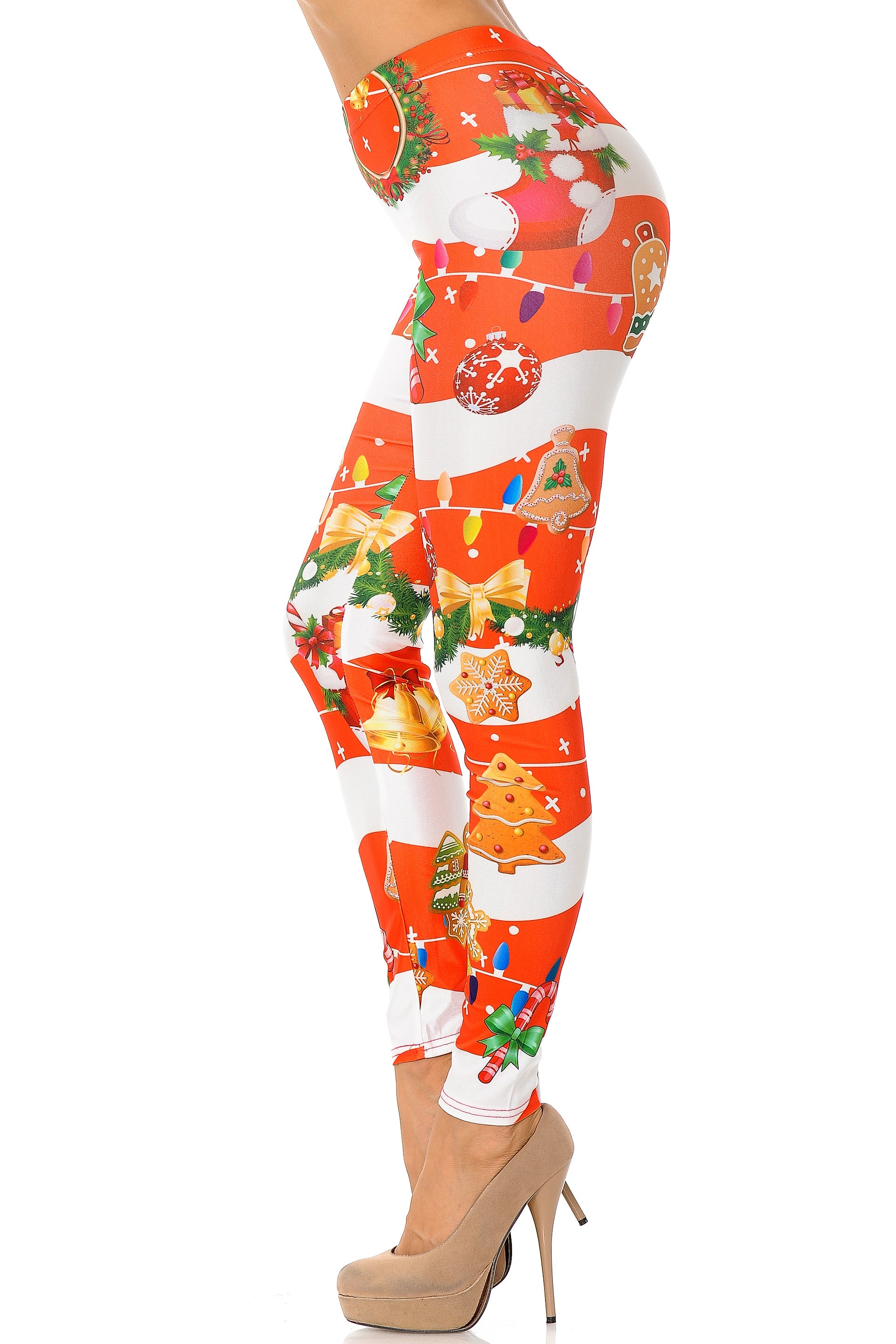 Holiday Festive Red Christmas Garland Wrap Leggings - Plus Size - 1XL 2XL 3XL