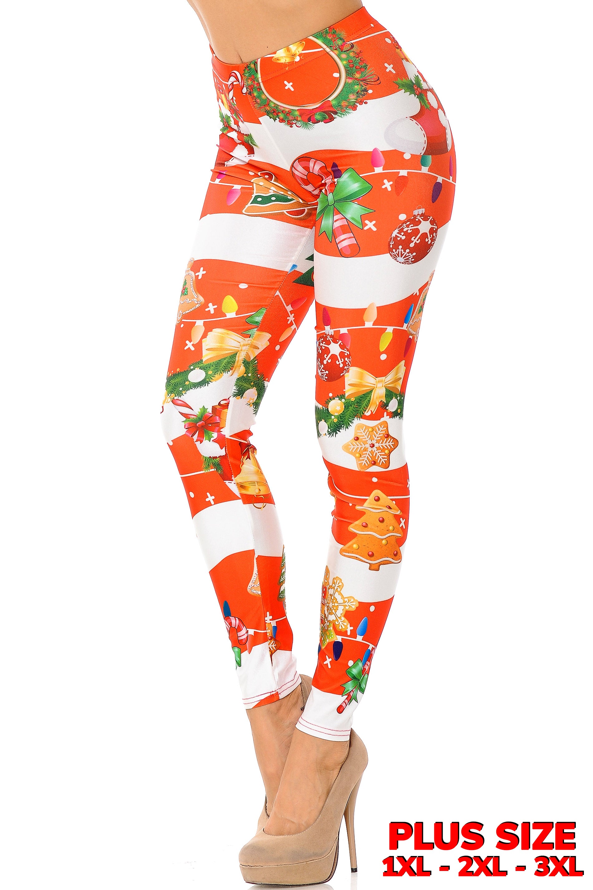 Holiday Festive Red Christmas Garland Wrap Leggings - Plus Size - 1XL 2XL 3XL