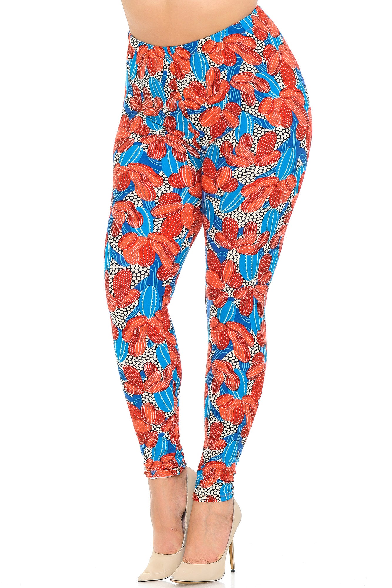 Plus Size - Buttery Soft Red and Blue Cactus Print Leggings