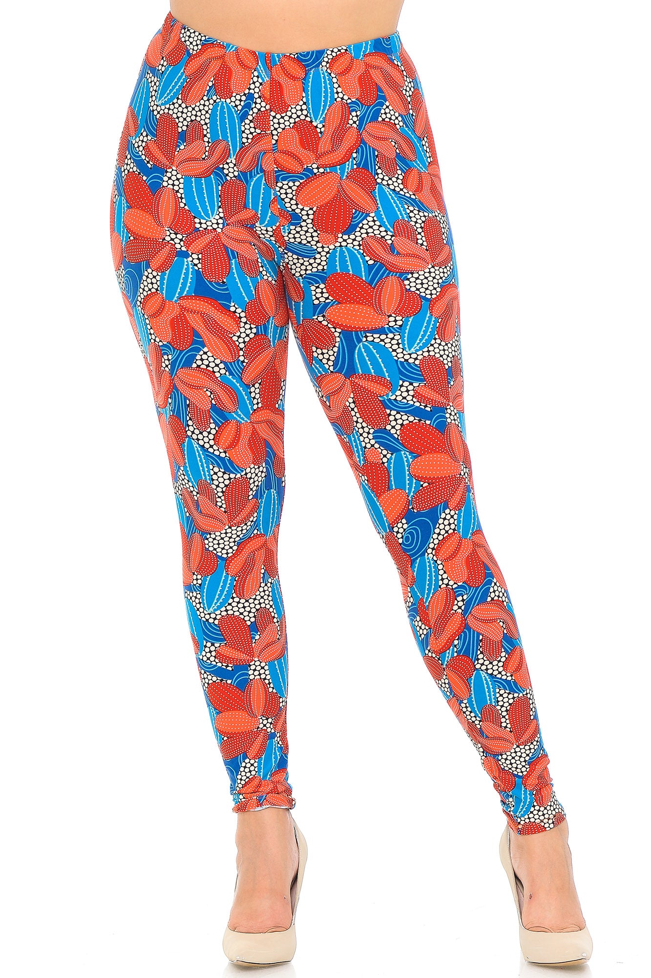 Plus Size - Buttery Soft Red and Blue Cactus Print Leggings