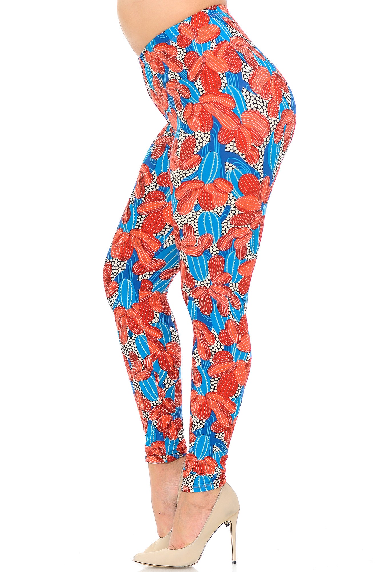 Plus Size - Buttery Soft Red and Blue Cactus Print Leggings